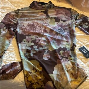 Express Floral Mock Neck Blouse - Brown and Cream